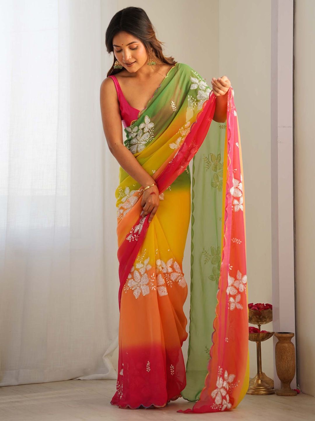 Georgette Peding Rich Look Saree (Multi color)